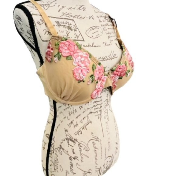 M. VIE INTIMATES Padded Bra Size 38D Beige Mesh Floral Embroidery New with Bag - Picture 8 of 10